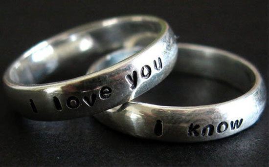 Wedding ring engraved with Princess Leia and Han Solo quote: I love you...I know.