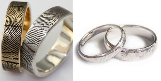 Engraved fingerprint wedding rings